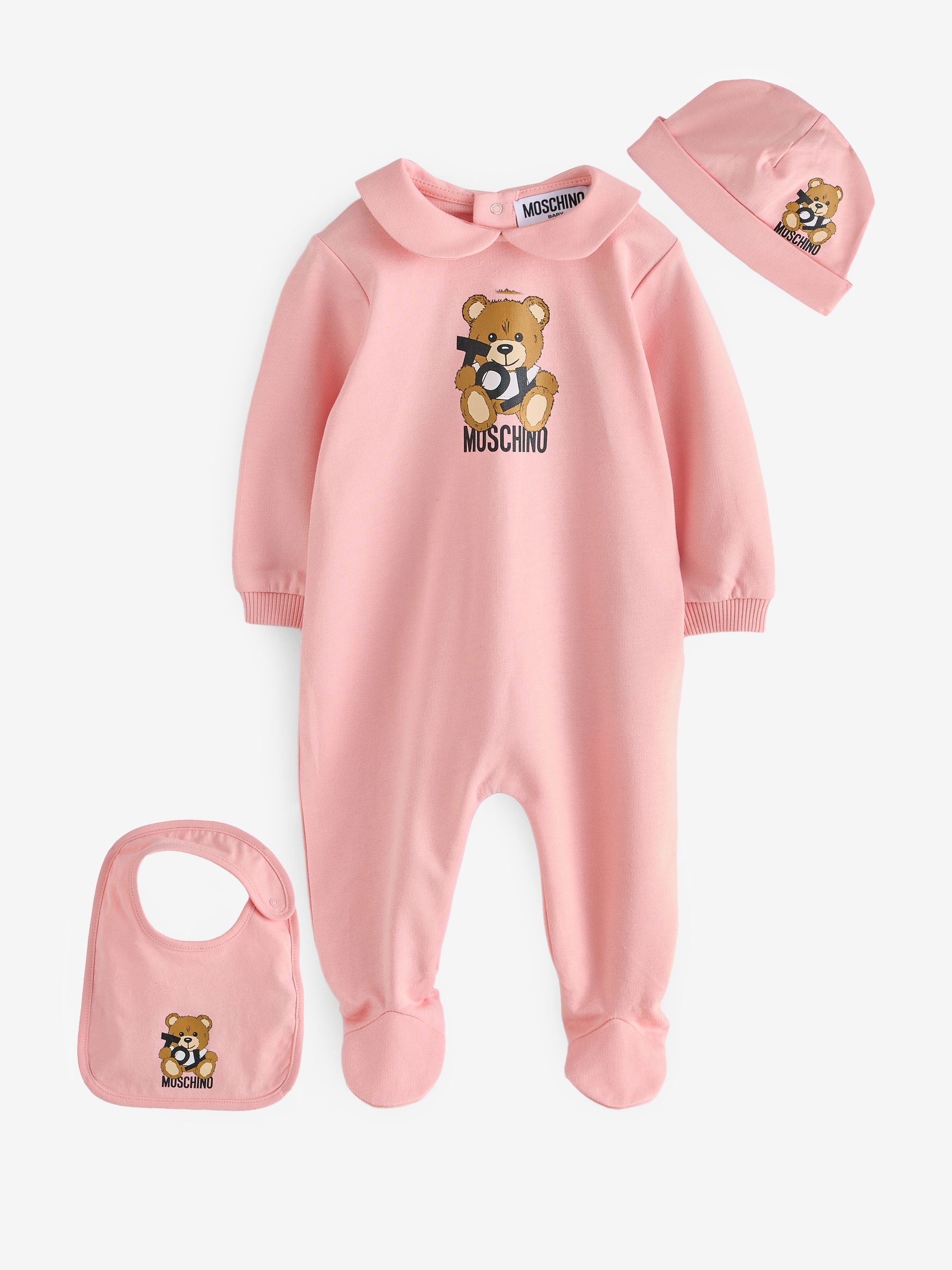 Roze - Moschino Baby Logo Sleepsuit, Hat & Bib Giftset With Giftbox