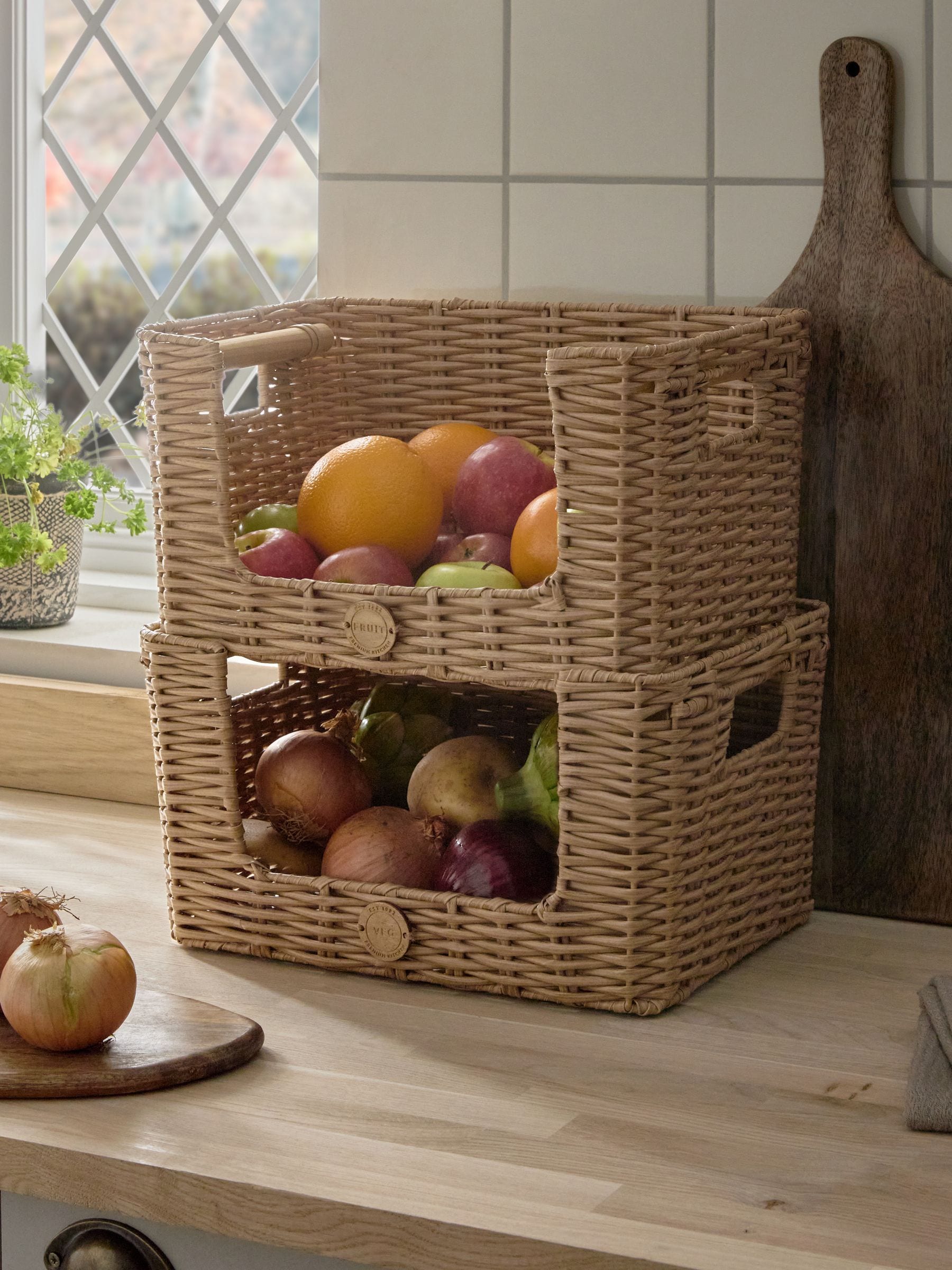 Set van 2 kunststof rieten keukenopslagmanden voor de keuken