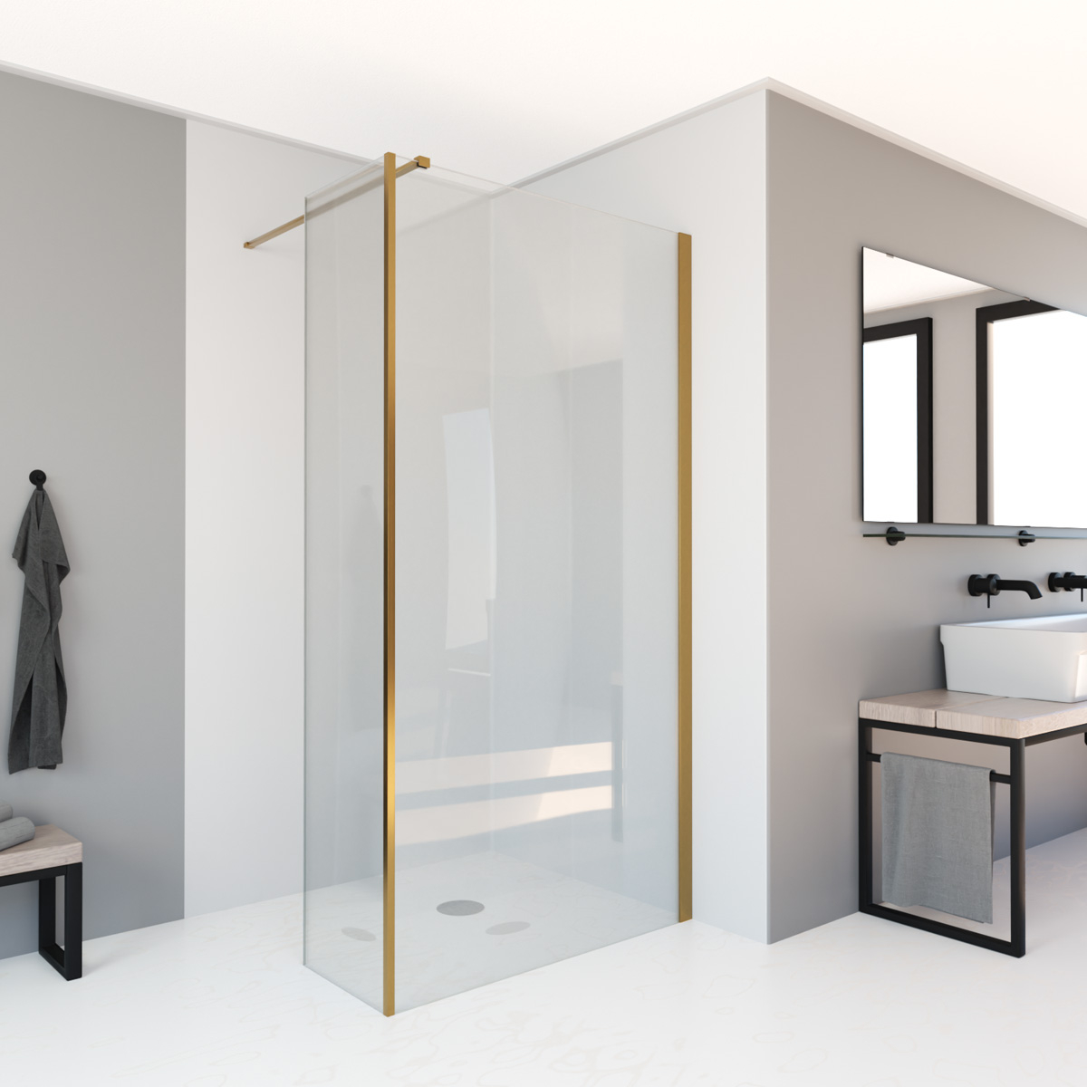 Mueller Slimline zijwand 30x200cm 8mm anti-kalk geborsteld messing goud