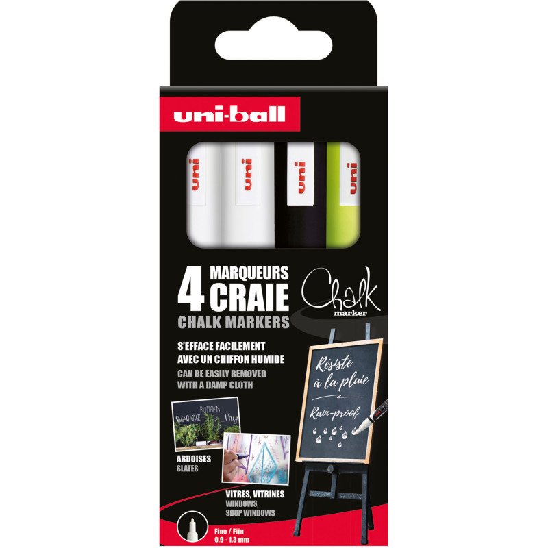 Marqueur craie effaçable Uni-Ball Chalk pointe ogive 0,9 à 1,3 mm couleurs assorties - Pochette de 4