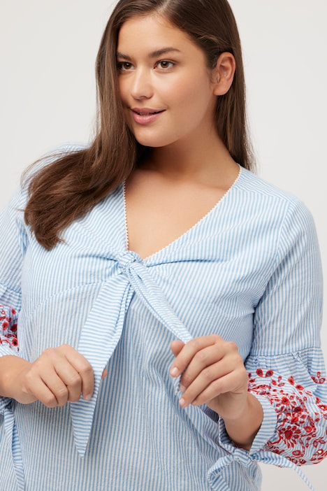 Bluse, Stickerei, A-Linie, V-Ausschnitt, Langarm