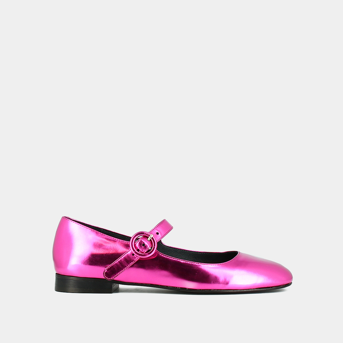 Ballerines à bouts carrés  en cuir metallisé fushia