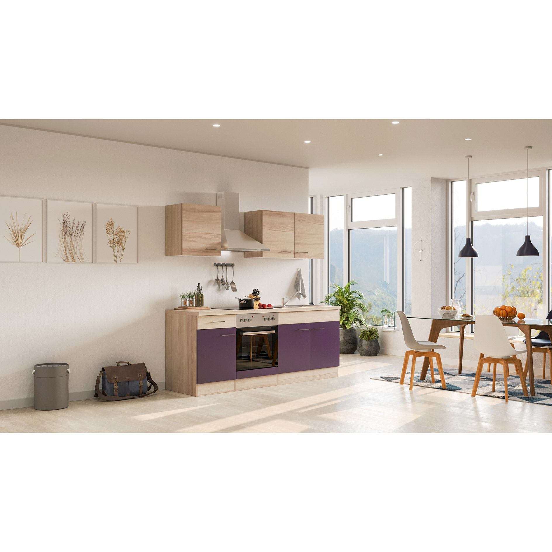 Küchenblock FOCUS - Akazie - aubergine - mit E-Geräten - 210 cm