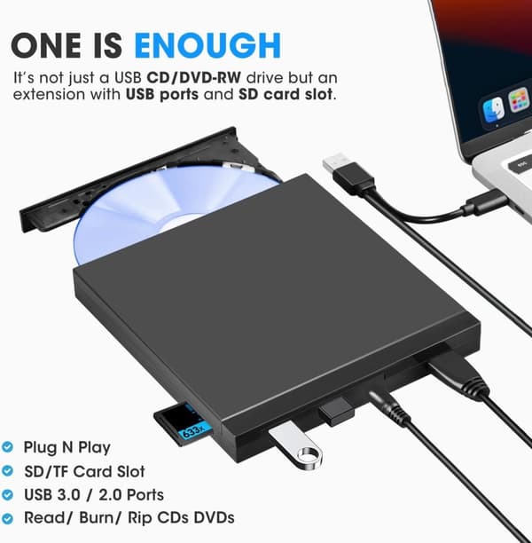 NÖRDIC Bærbar CD-brenner og spiller og USB-hub med SD/TD-kortleser