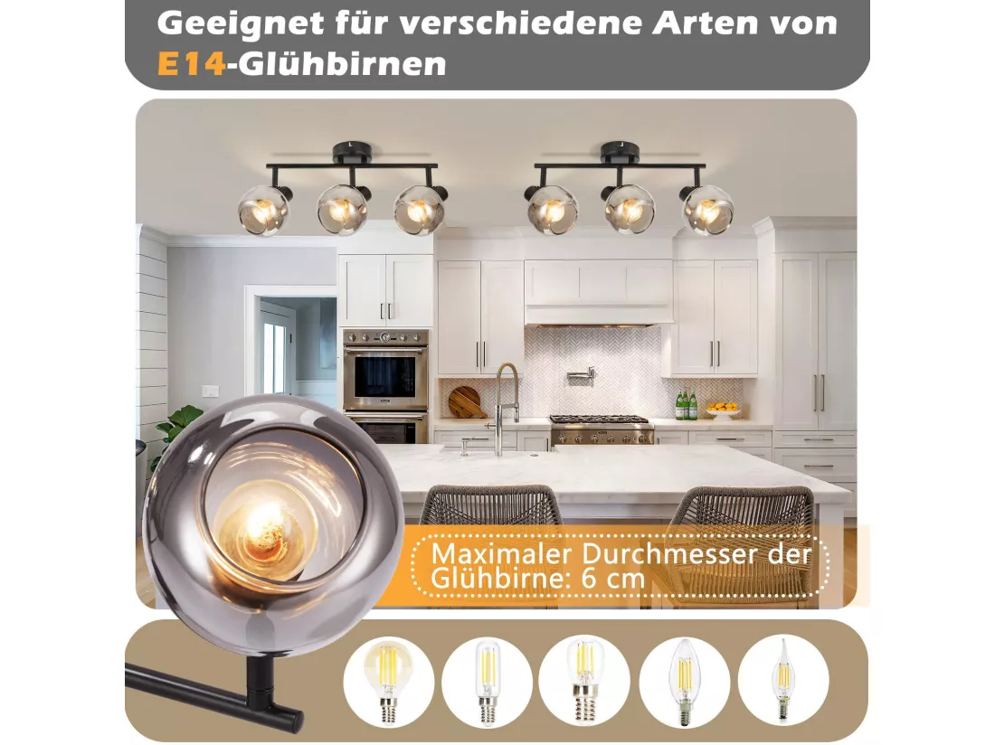 NETTLIFE Plafonnier spot de plafond noir 3 ampoules modernes verre plafonnier orientable à 350° spot E14