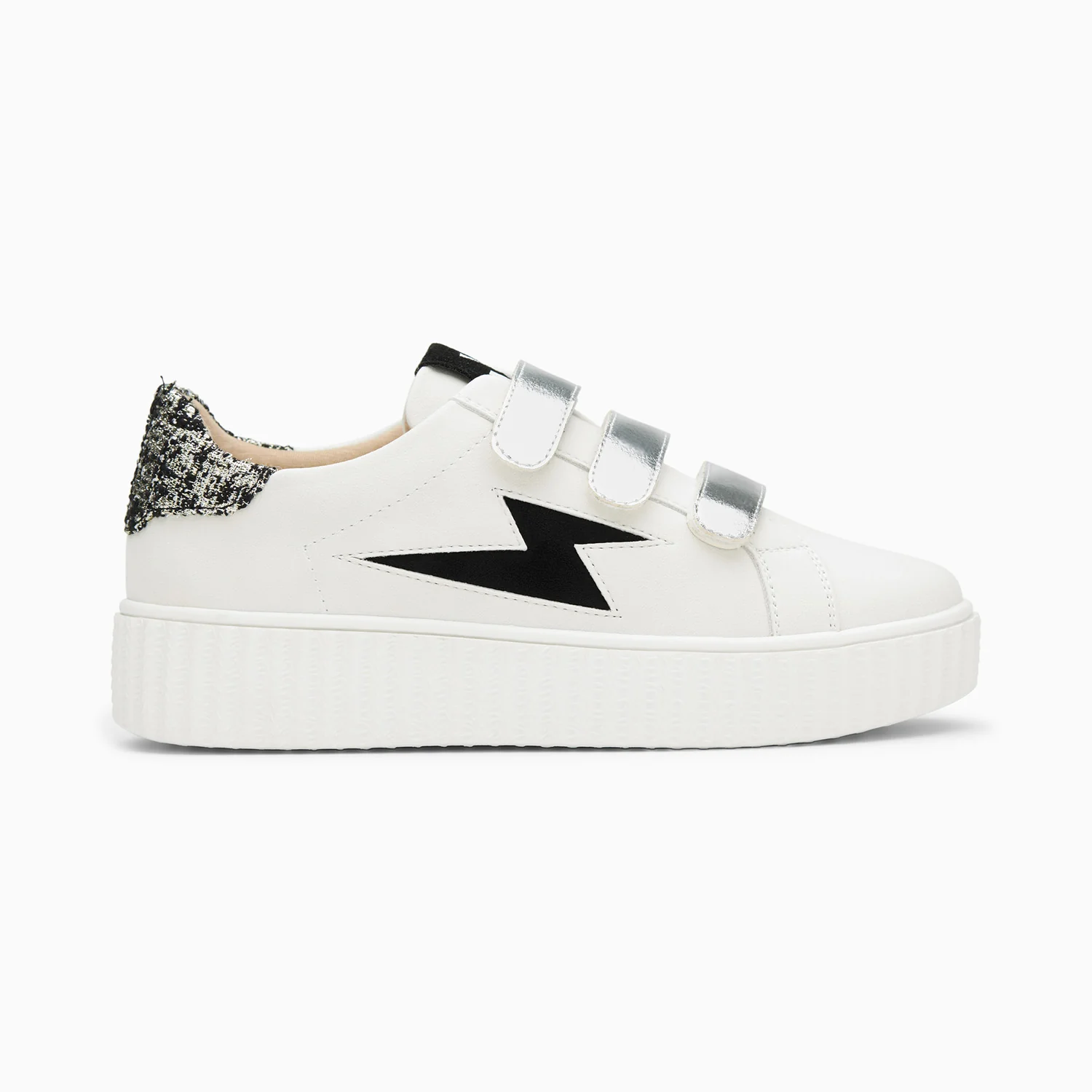 Sneakers-Baskets éclair Pomeline blanc et noir à scratchs argent