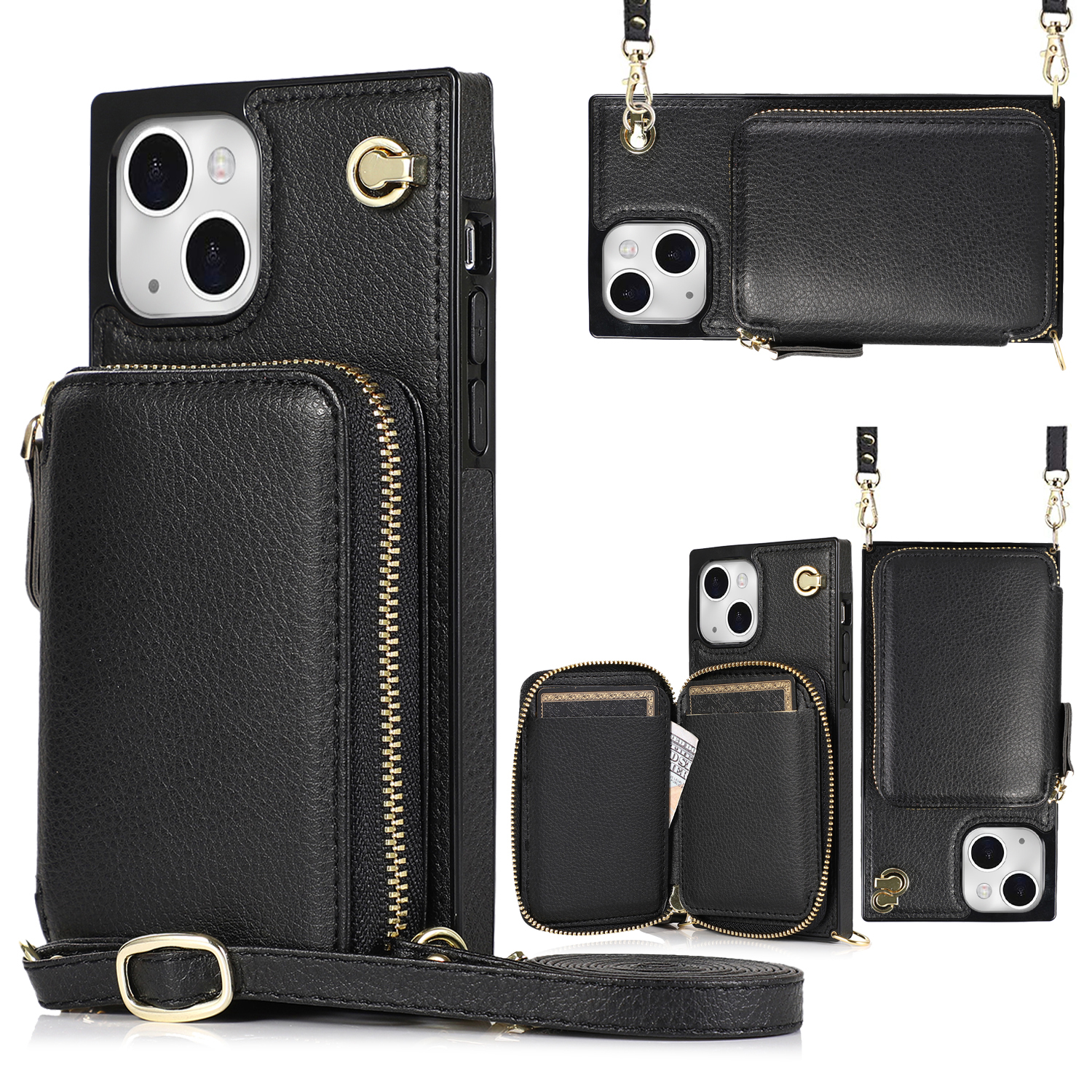 iPhone 13 Necklace Leder Schutz Hülle mit Kartenfächer   Handykette (140cm) - Schwarz