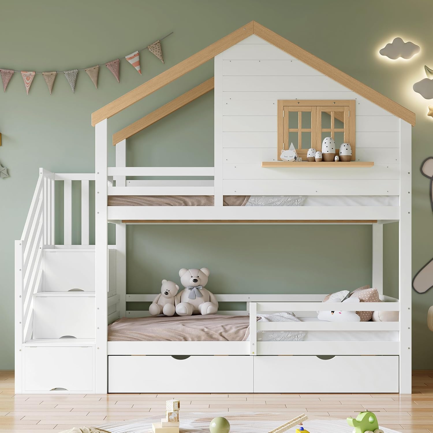 Kinderbett 90x200 cm, Etagenbett mit Stauraumtreppe, Hausbett mit Fenster, Multifunktionsbett mit 2 Schubladen, Bettgestell mit Fallschutzgitter für 2 Kinder, ohne Matratze, Weiß+Natur