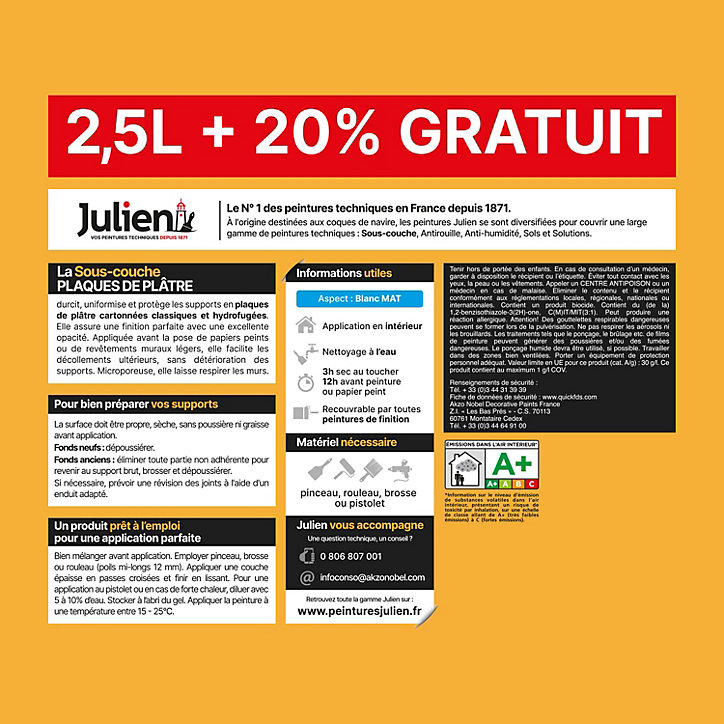 Sous-couche Plaques platre murs et plafonds pièces sèches Julien Mat Blanc 3L 2,5L + 20% gratuit