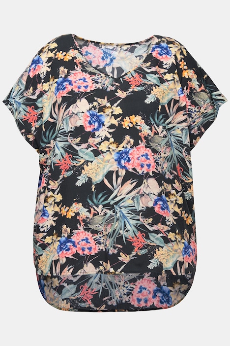 Blusenshirt, oversized, Tropical-Print, V-Ausschnitt