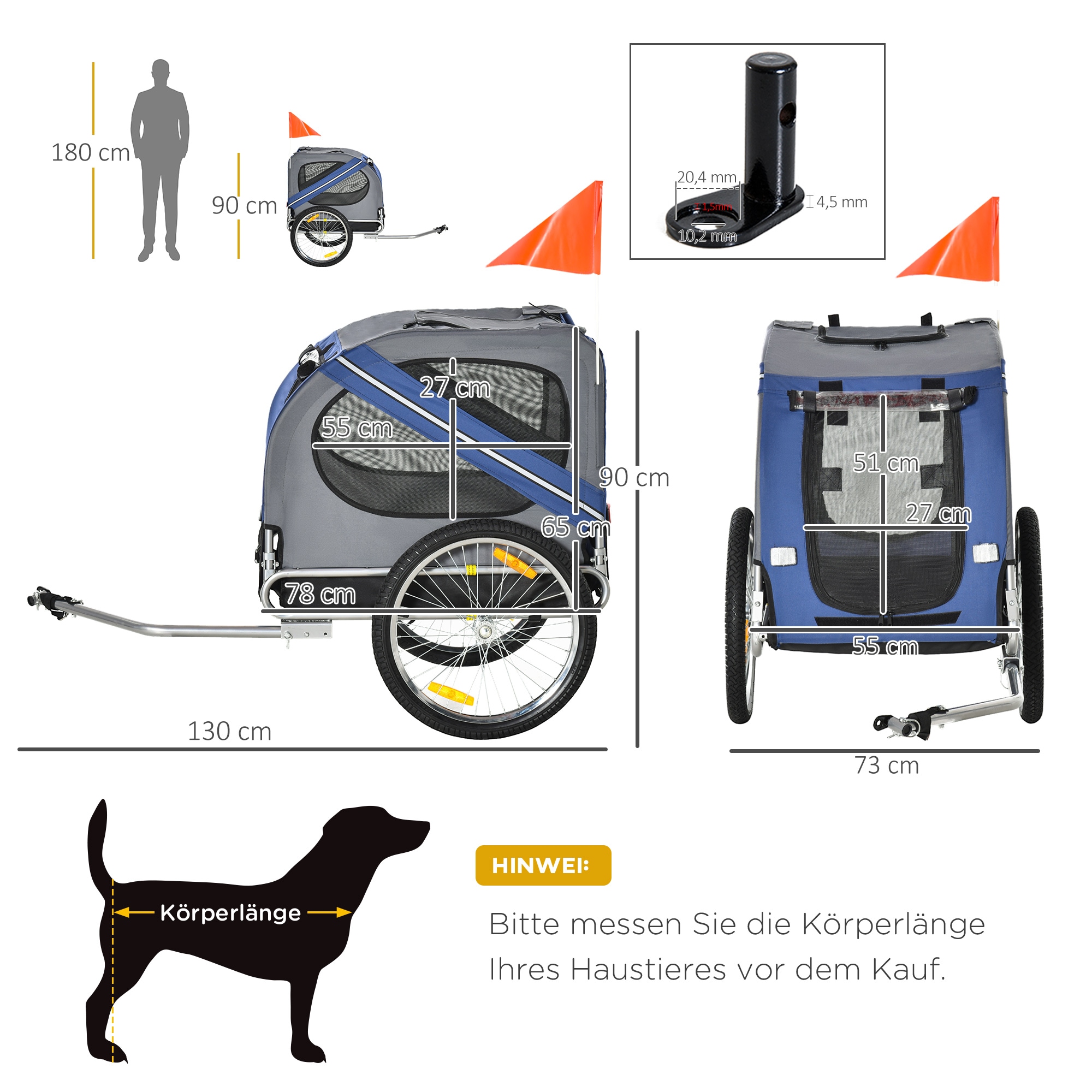 PawHut Fahrradanhänger für Hunde 130 x 73 x 90 cm (LxBxH)