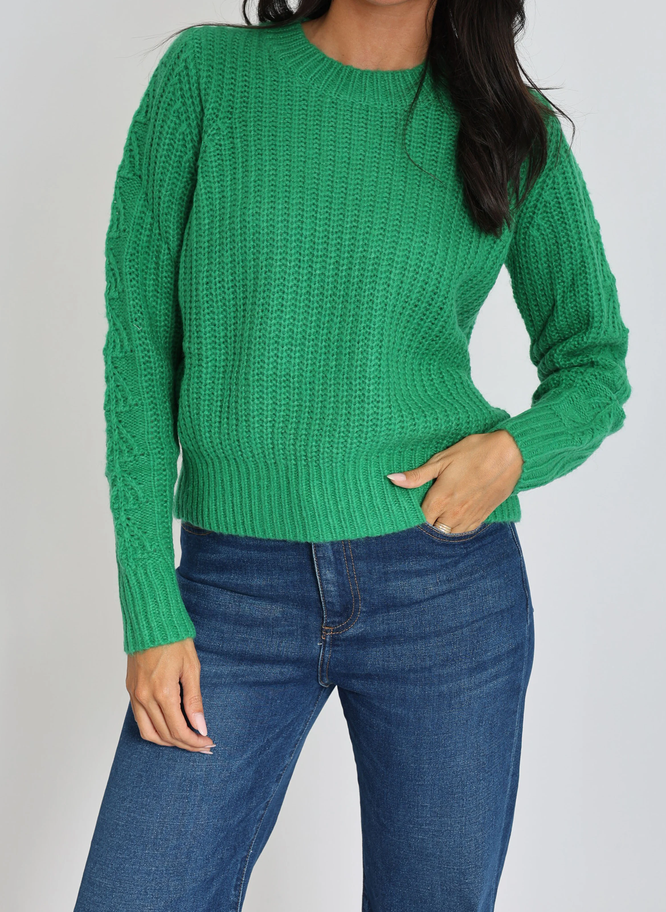 LANA - Pull droit col rond en maille mélangée | Vert