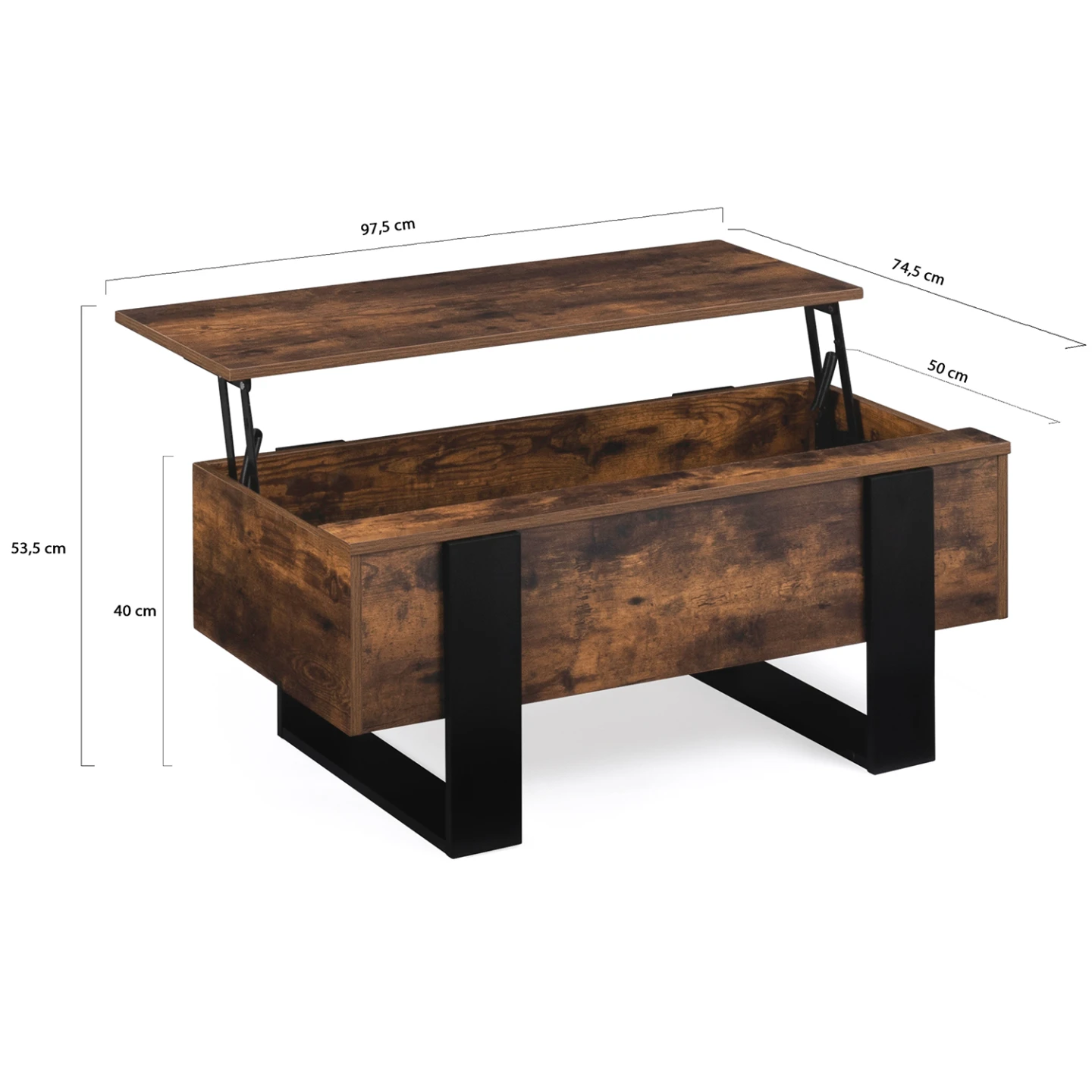Table basse plateau relevable rectangulaire PHOENIX bois effet vieilli et noir