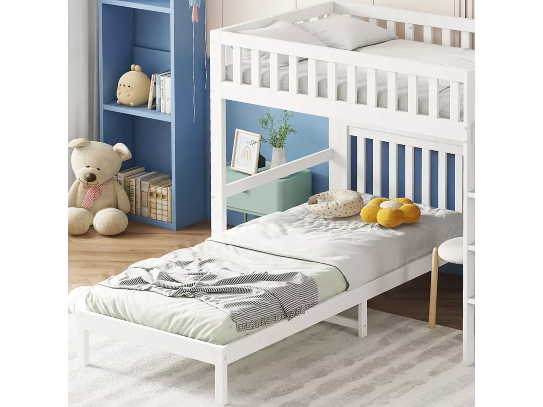 Lit superposé pour enfants avec échelle à trois marches, design de la barrière de sécurité, bureau, blanc, 90x200 cm