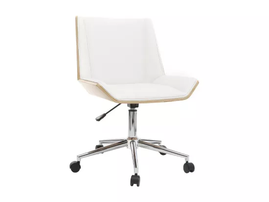 Chaise de bureau à roulettes design blanc, bois clair et acier chromé MELKIOR