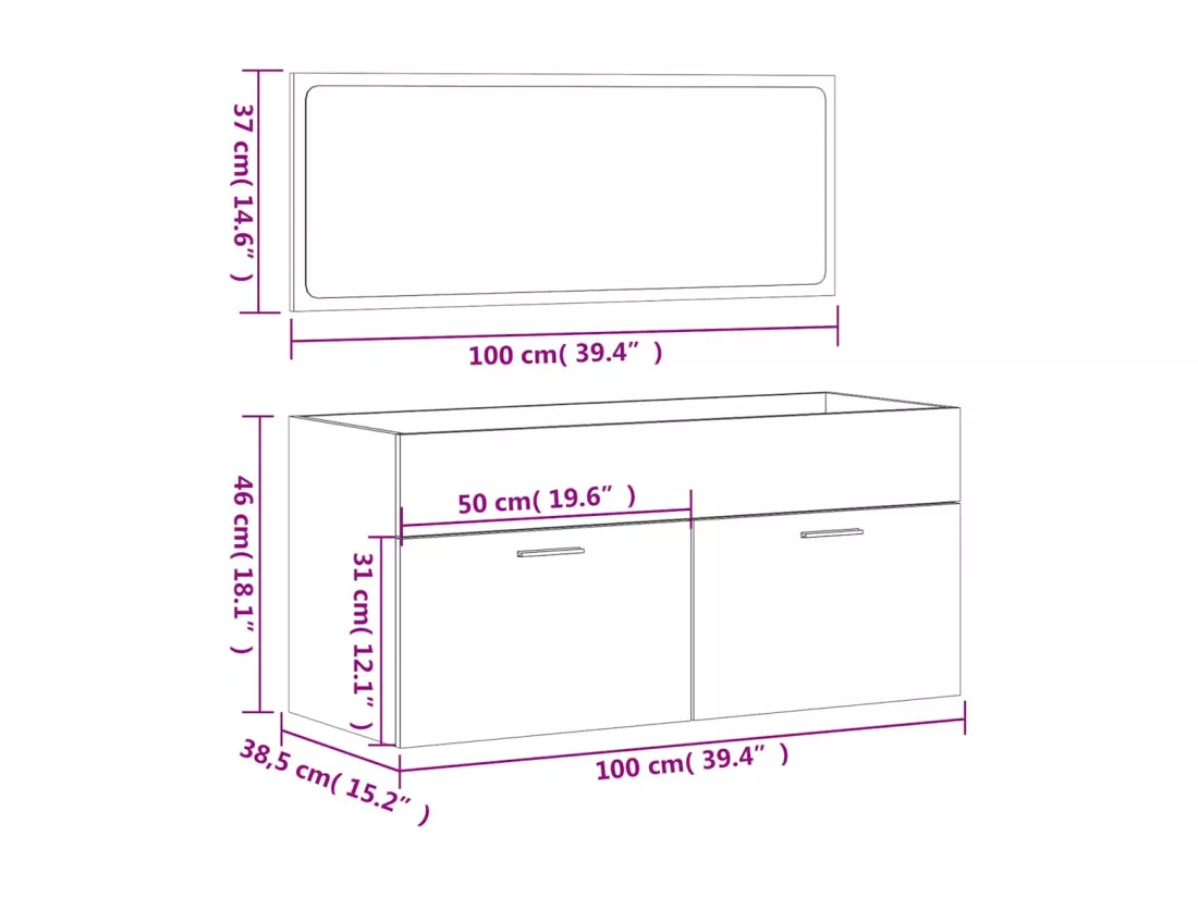 Armoire de bain avec miroir blanc brillant bois d'ingénierie