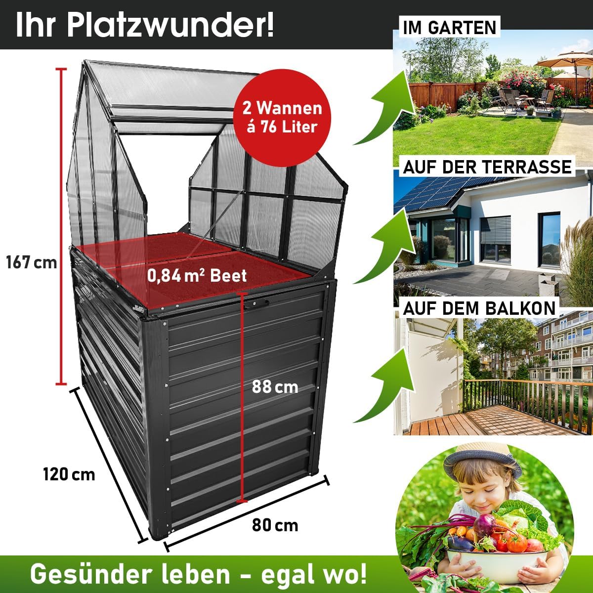 BRAST 2in1 Hochbeet mit Alu Gewächshaus-Aufsatz | Integriertes Drainage-System | 2 Größen zur Auswahl | wetterfest | 4mm Hohlkammerplatten | 2 Pflanzwannen | Pflanzbeet | 120x80x167cm