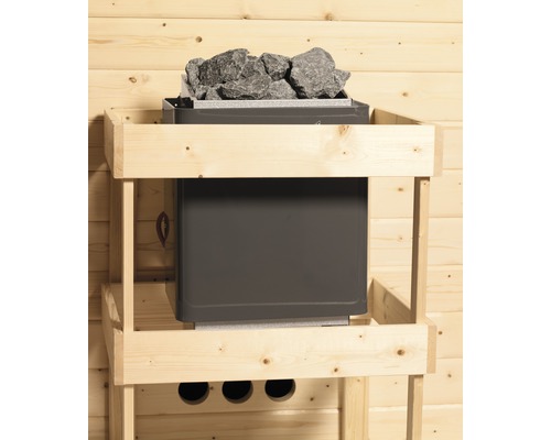 Elementsauna Karibu Mariado zonder oven, met dakkroon en volledig glazen deur van helder glas