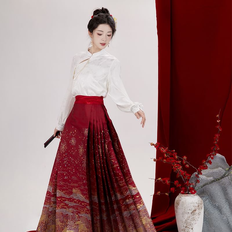 Keiko Girl - Hanfu-top met pofmouwen en bloemenjacquard / geplooide midi-rok met hoge taille en print / set