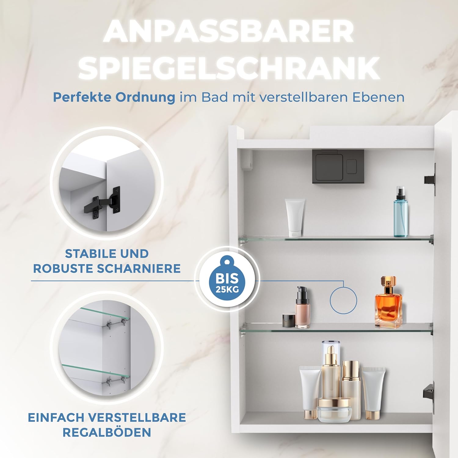 Premium Spiegelschrank-Bad-mit-Beleuchtung 120cm. Einfache Montage, in der EU gefertigt, gleichmäßige helle LED-Beleuchtung, Scharniere schwarz, Steckdose, Unterputz Montage möglich.