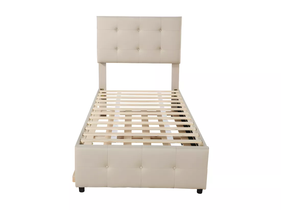 Lit gigogne capitonné 90x200cm - tête de lit réglable - tissu en lin - Beige