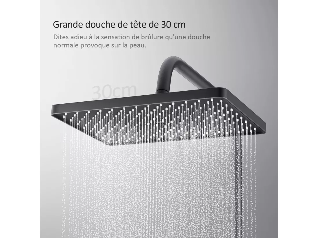 EMKE Colonne de douche thermostat, douchette à 3 puissances de jet, jet cascade, set de douche avec étagère en verre, Certification KTW, Gris métal