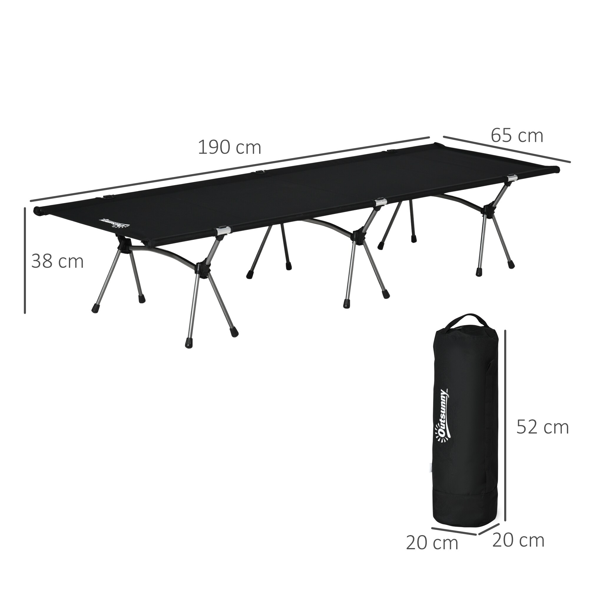 Outsunny Feldbett mit Tragetasche schwarz 190L x 65B x 38Hcm