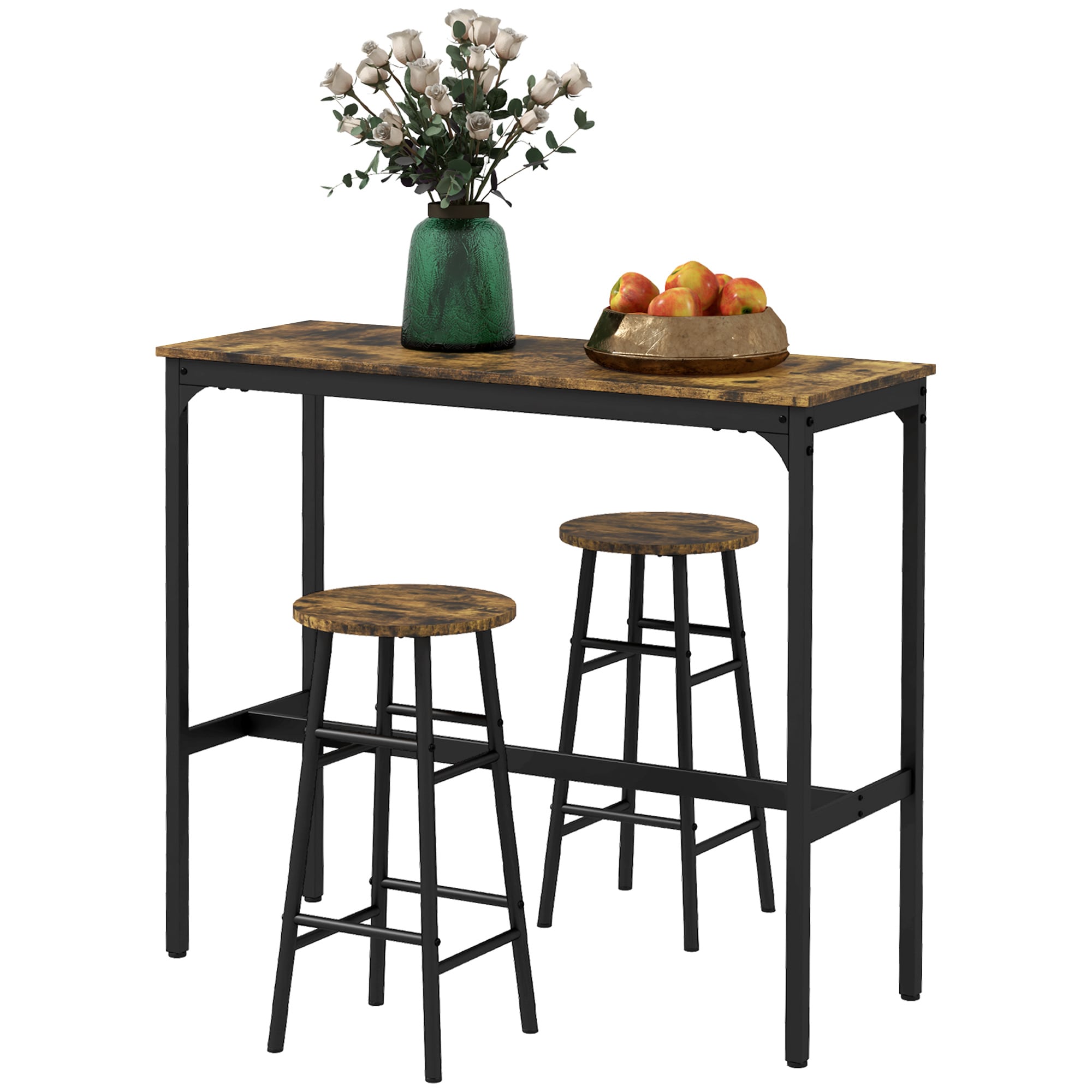 HOMCOM Bartisch-Set mit 2 Hocker braun 105L x 40B x 90H cm