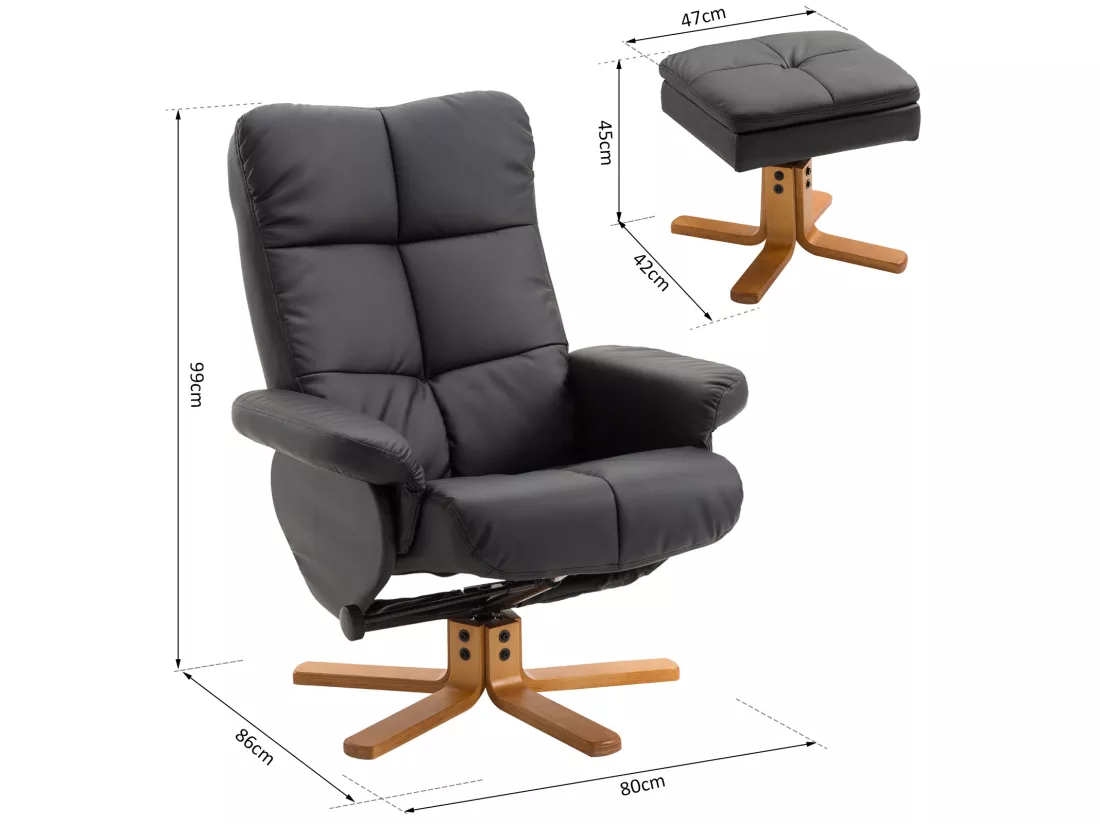 Fauteuil relax inclinable style contemporain repose-pieds coffre rangement revêtement synthétique acier bois noir