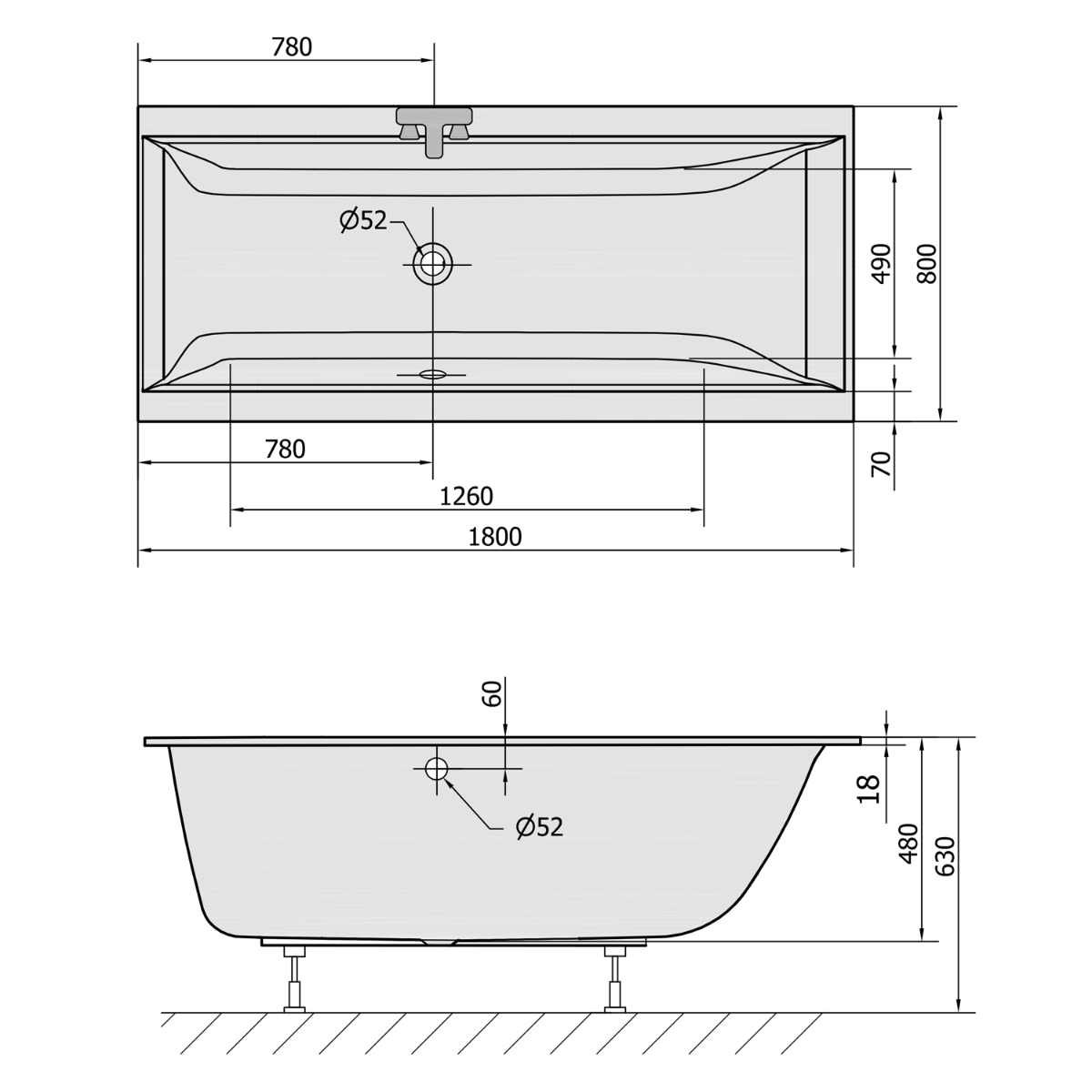 Polysan Cleo Slim ligbad 180x80x48cm wit
