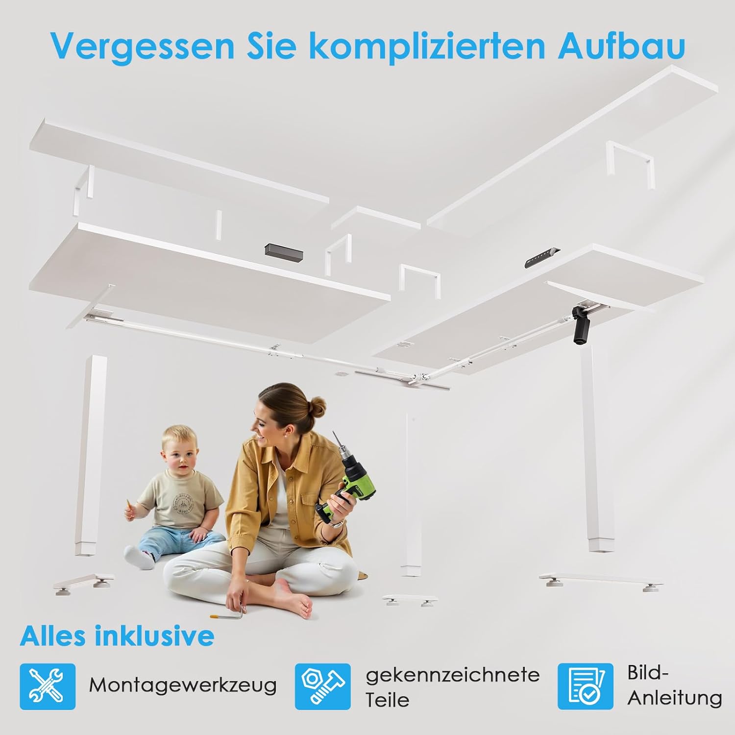 OffiGo Eckschreibtisch Höhenverstellbar, 150x120cm Schreibtisch Höhenverstellbar mit Steckdose, Elektrischer Schreibtisch L Form mit Monitorständer, Weiß