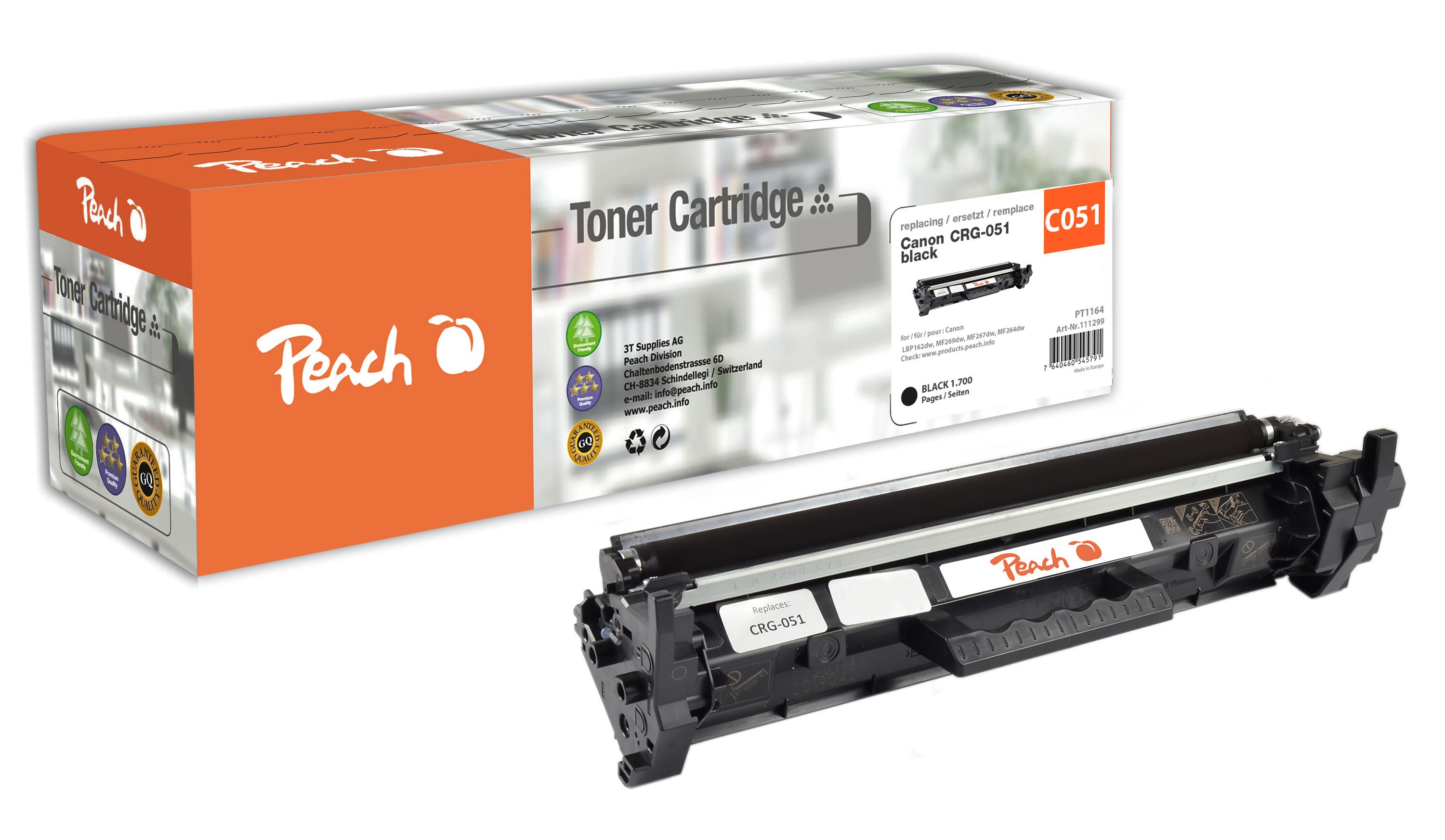 Peach HP 051 bk Toner bk ersetzt Canon CRG-051 bk, 2168C002 für z.B. Canon iSENSYS LBP -160, Canon iSENSYS LBP -162 dw, Canon iSENSYS LBP -162 dwf (wiederaufbereitet)