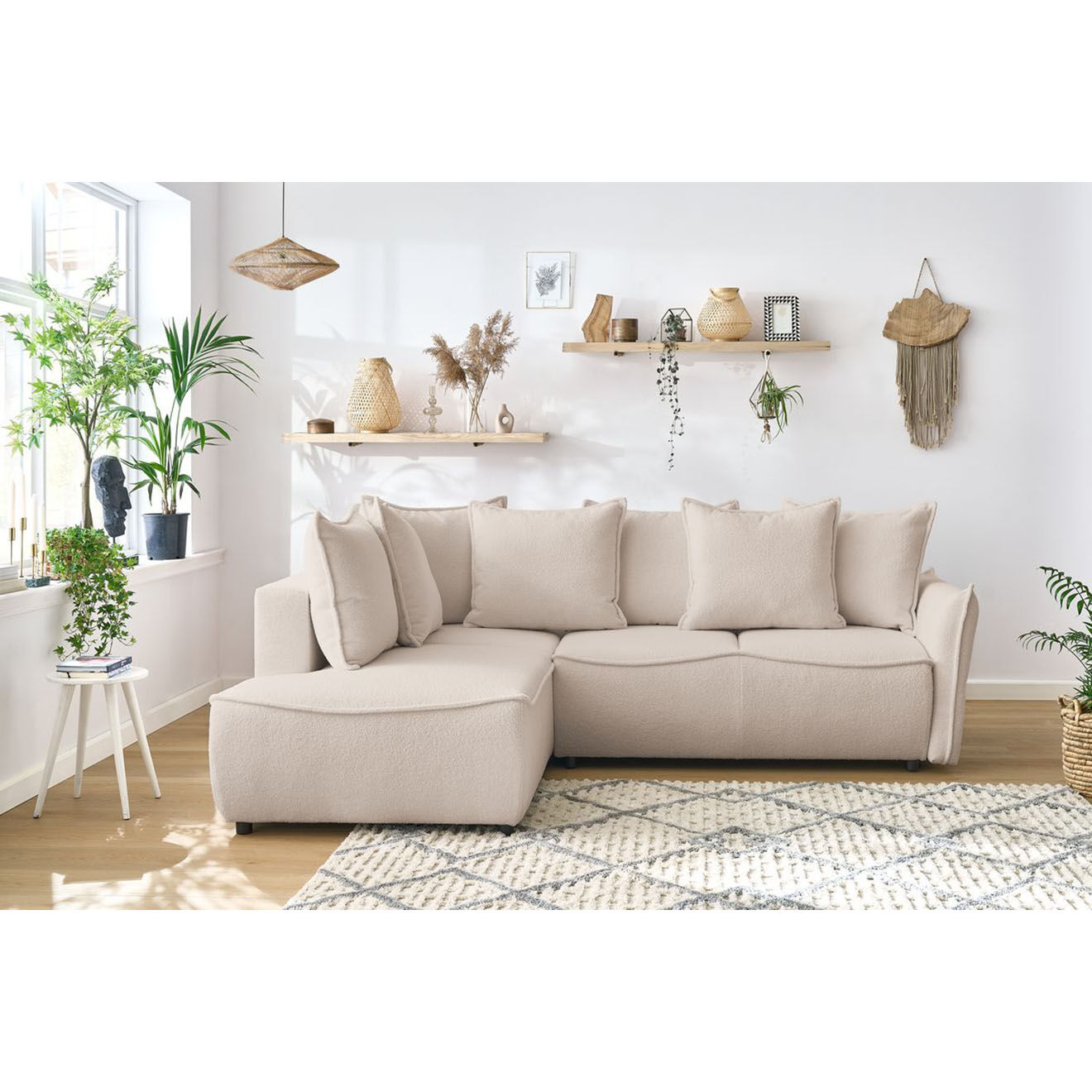 Bobochic Canapé d'angle L gauche convertible bouclette Léon beige - 257x90x194 cm