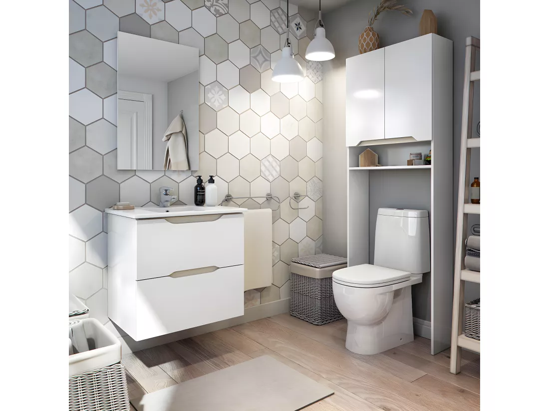 Meuble /étagère dessus WC de salle de bain 60cm avec 2 portes coloris blanc et cambrian - Longueur 60 x Profondeur 23 x Hauteur 180 cm