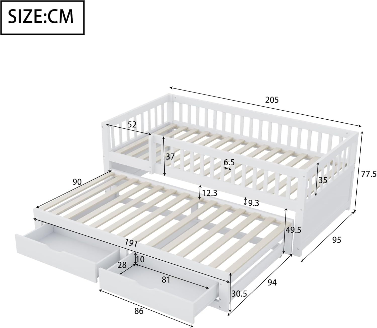 Kinderbett 90x200 Massivholz Schlafsofa mit Ausziehbett & Schubladen, Multifunktionsbett Tagesbett Gästebett Stauraumbett Jugendbett Bettgestell mit Rausfallschutz und Lattenrost, ohne Matratze, Weiß