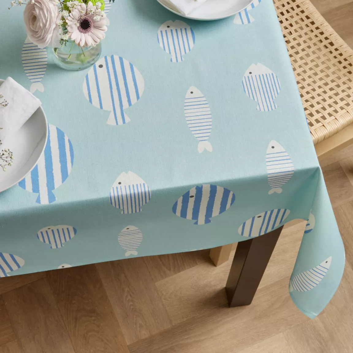 Nappe rectangulaire coton enduit (150 x 250 cm) Fish Bleue