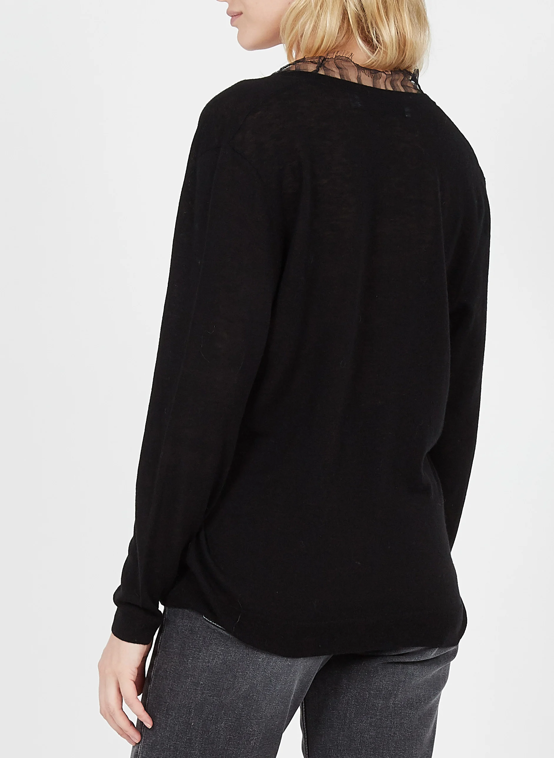 HABY - Pull col V à dentelle en laine mélangée| Noir