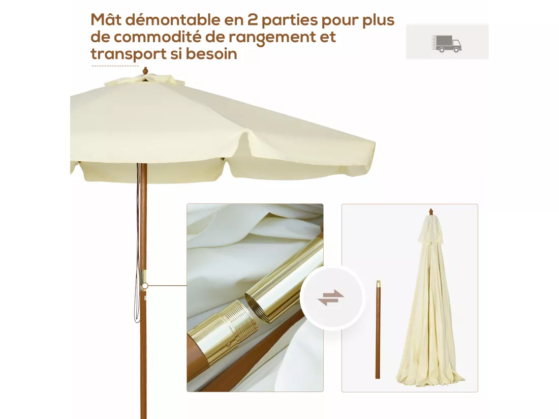 Parasol droit rond grande taille de jardin Ø 3,25 x 2,5H m bois de bambou polyester beige