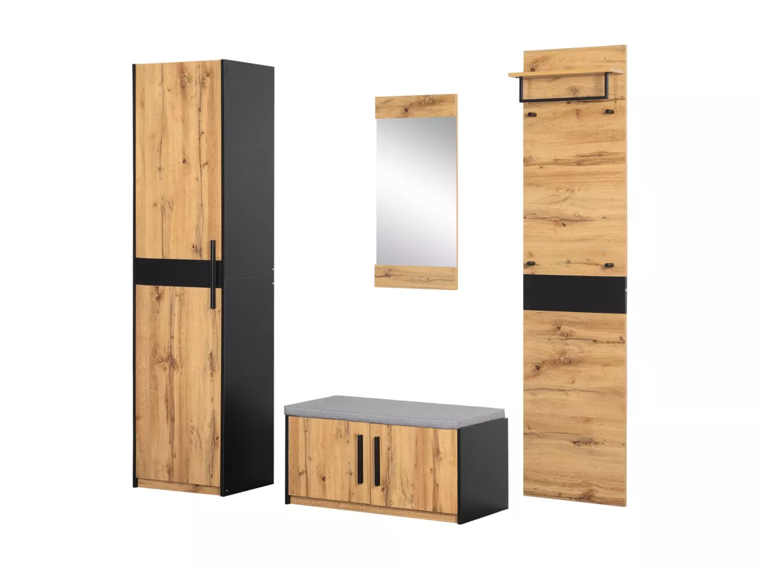 Ensemble meuble d'entrée - Vestiaire - banc à chaussures + miroir + porte-manteau + armoir - Chêne