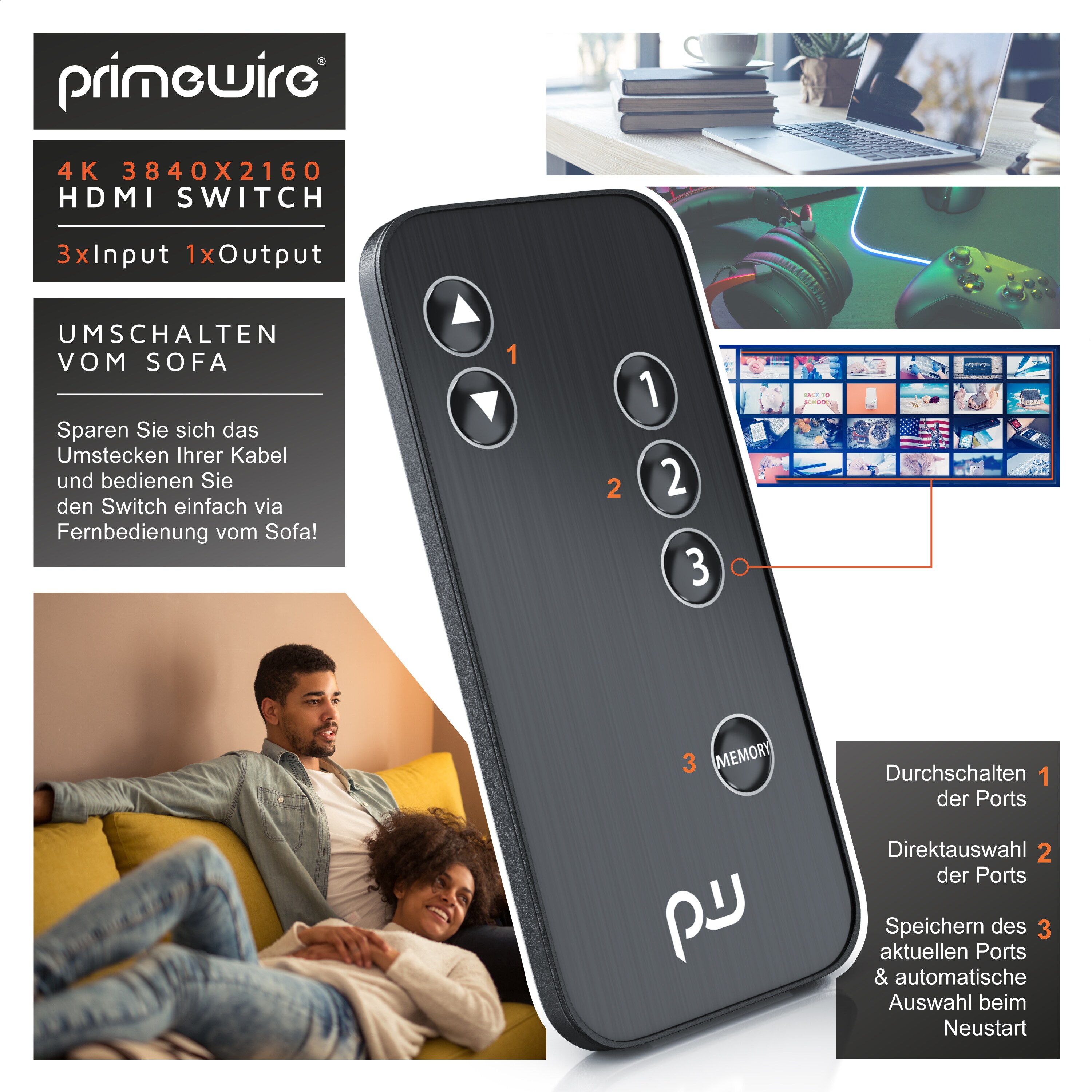 Primewire HDMI 2.0b Verteiler 4k 60Hz UHD, 3 Port, Fernbedienung, Netzteil