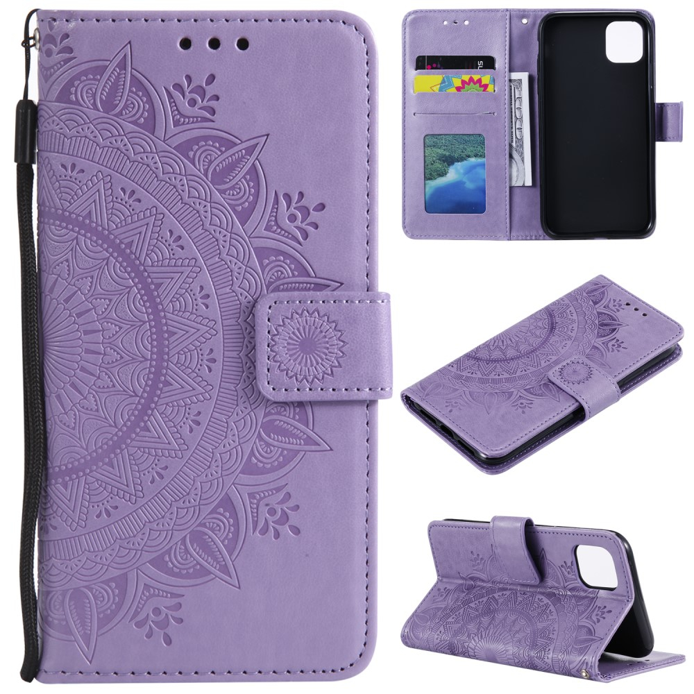 iPhone 13 Pro Leder Tasche Wallet - Mandala Flowers Imprint - Lila