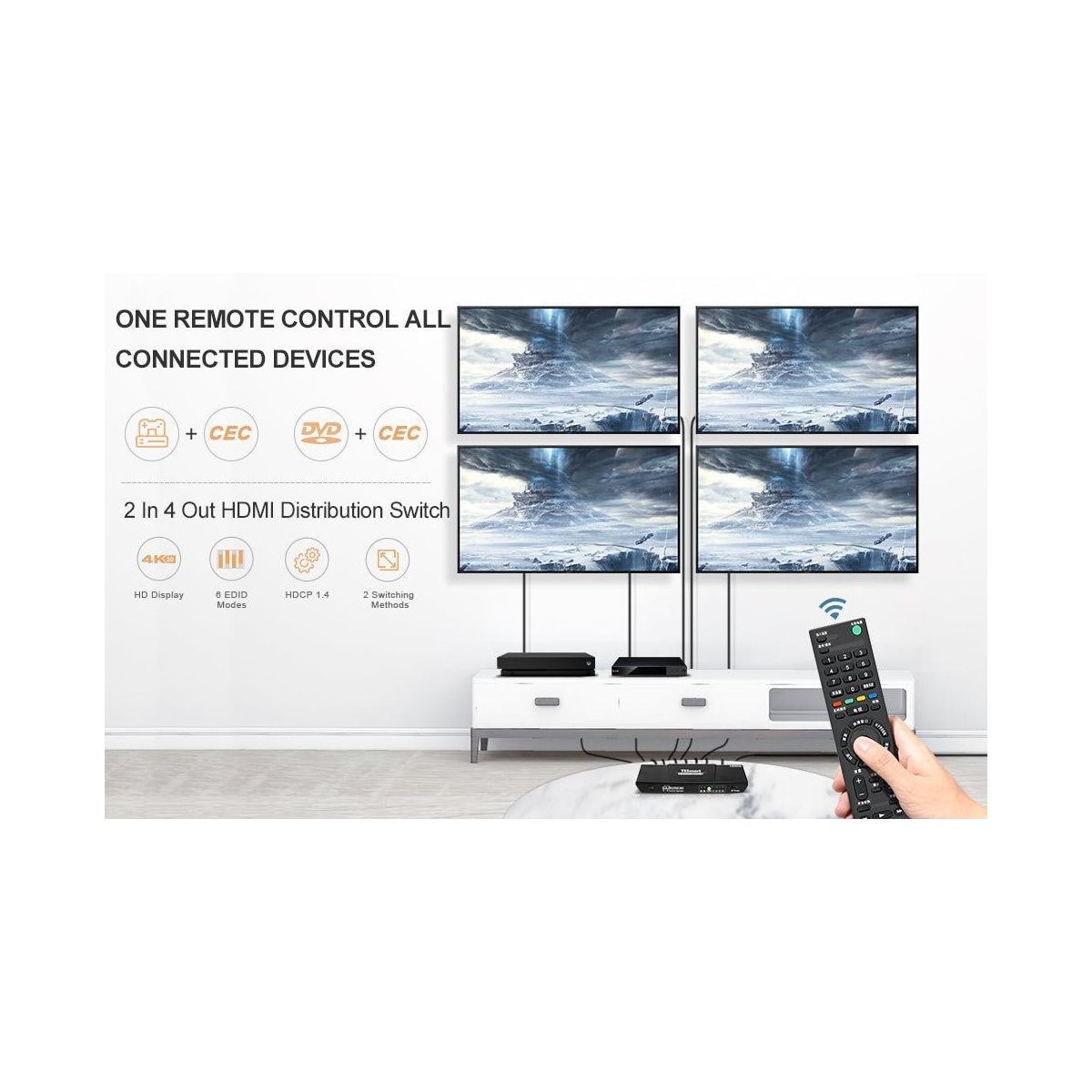 NÖRDIC HDMI Switch 2xPC til 4x skjermer 4K30Hz UHD CEC 3D HDCP1.4 for PC, PS5, Xbox og bærbar PC