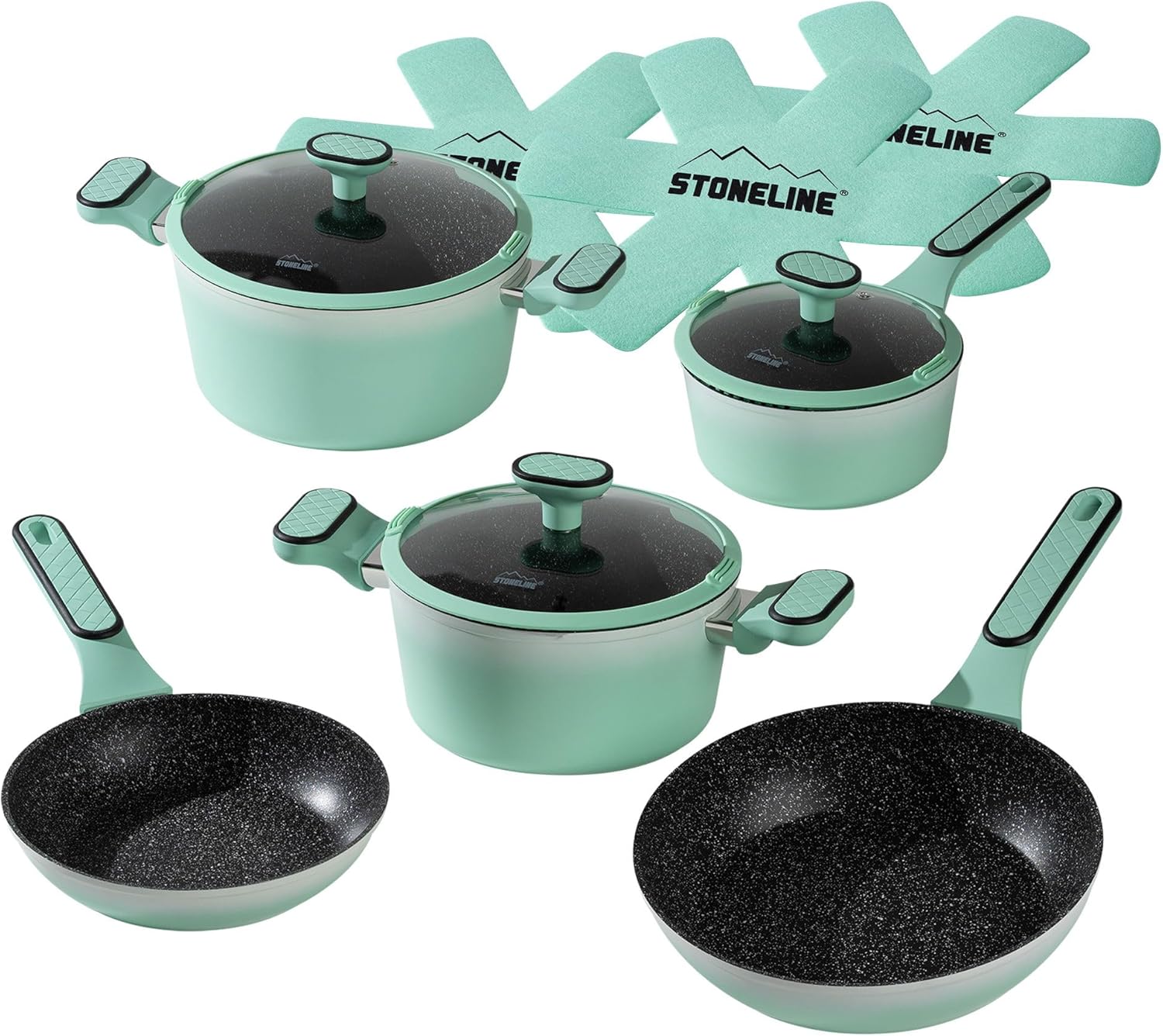 STONELINE Kochgeschirr Set 11-teilig 18/20/24 cm Set Pfannen und Töpfe mit Deckel, Topfset Pfanne Induktion Antihaft Beschichtet mit echten Steinpartikeln, Alle Herdarten, Farbe: Mint