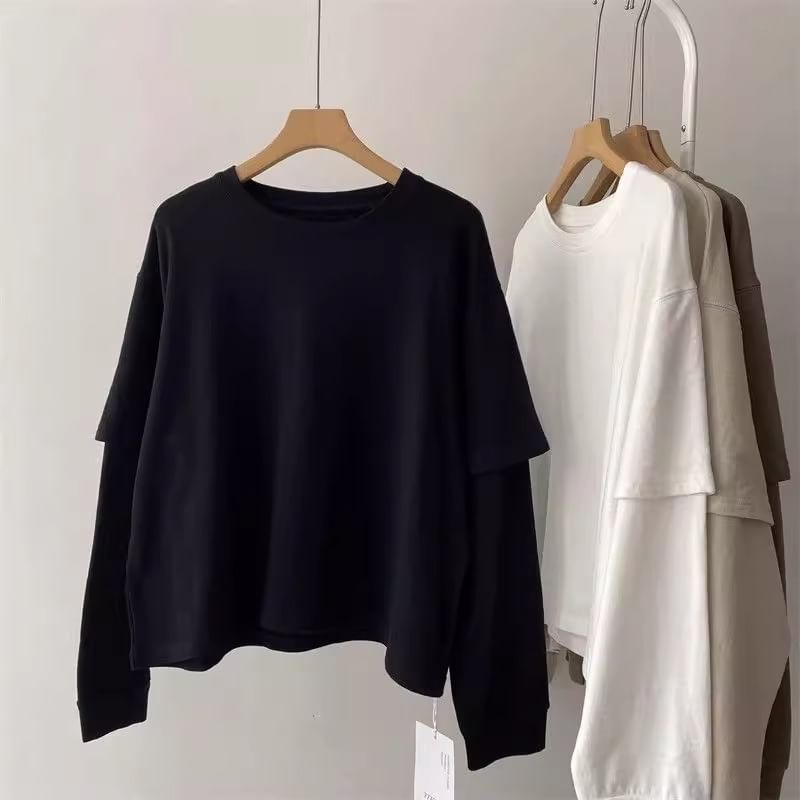fluffush - Mock Two-Piece Crew Neck Plain Sweatshirt