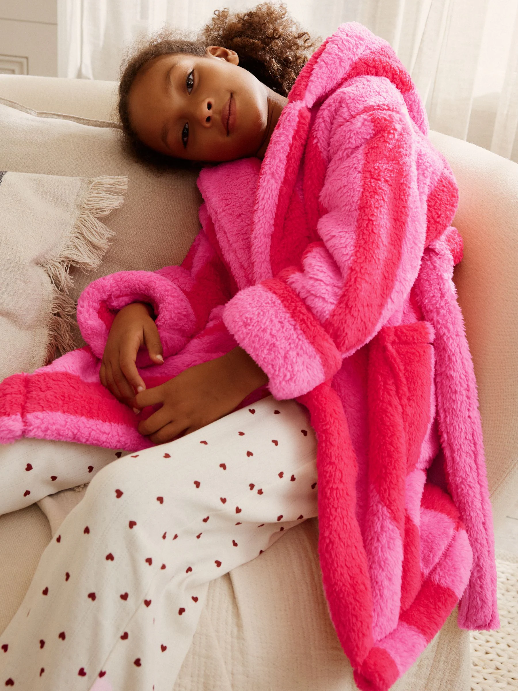 Roze/rood gestreept - Teddy fleece kamerjas (9mnd -16jr)