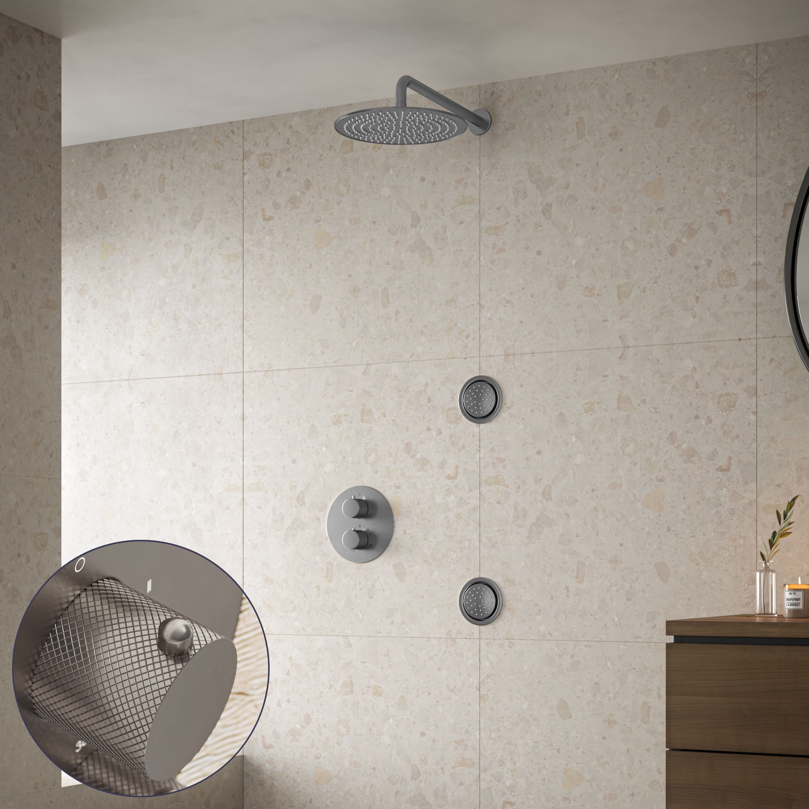 Saniclear Exclusive Curved inbouw regendouche 20cm met ronde massagejets en muurarm RVS