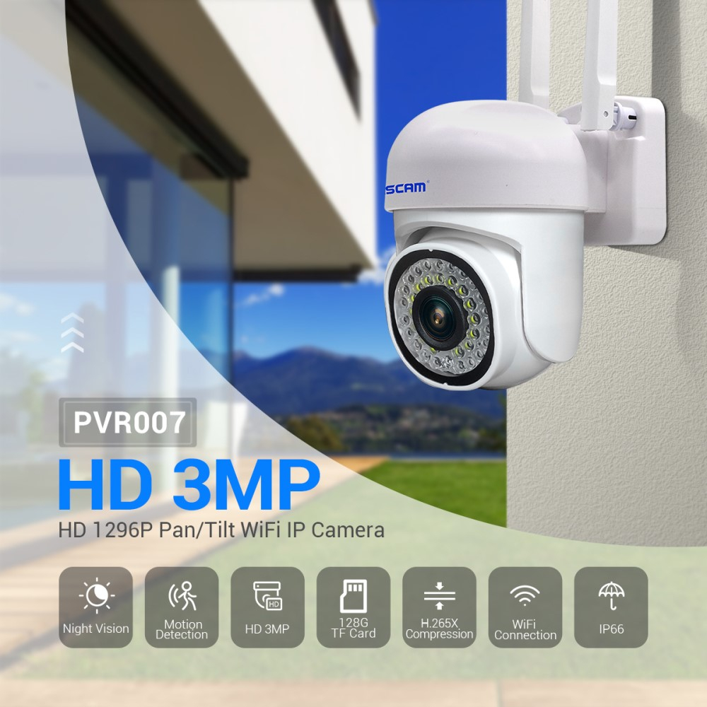 WiFi IP Kamera 3MP 1296p mit Nachtsichtfunktion / Micro SD und Wandhalterung für iOS/Android (IP66) - Weiss