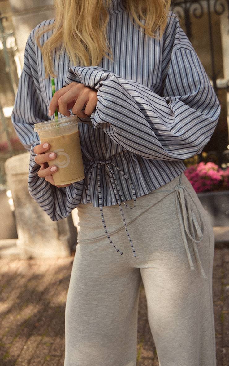 Gris Chiné Pantalon Droit En Jersey À Nouer À La Taille