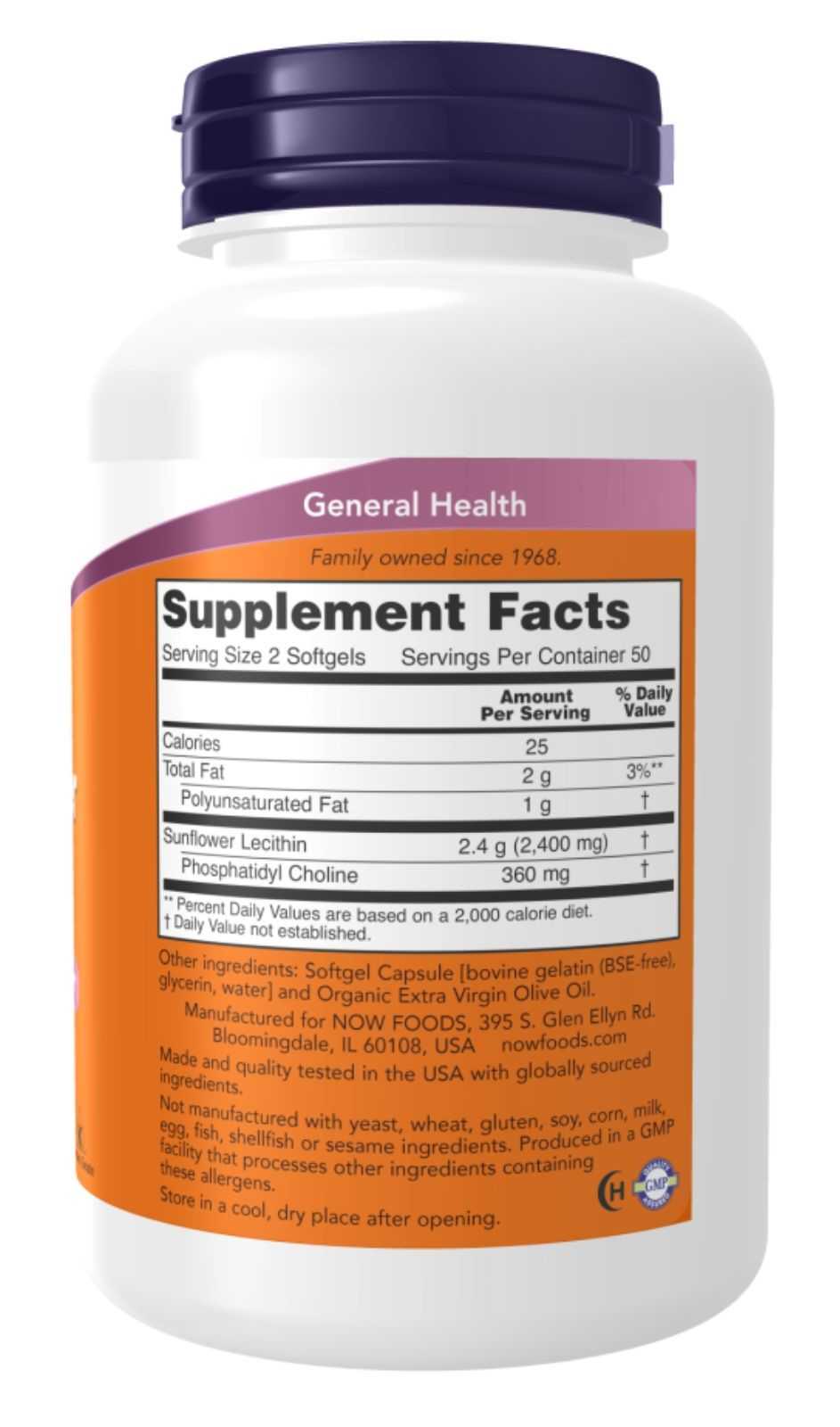 NOW Foods Lecitina de girasol 1200 mg 100 cápsulas blandas