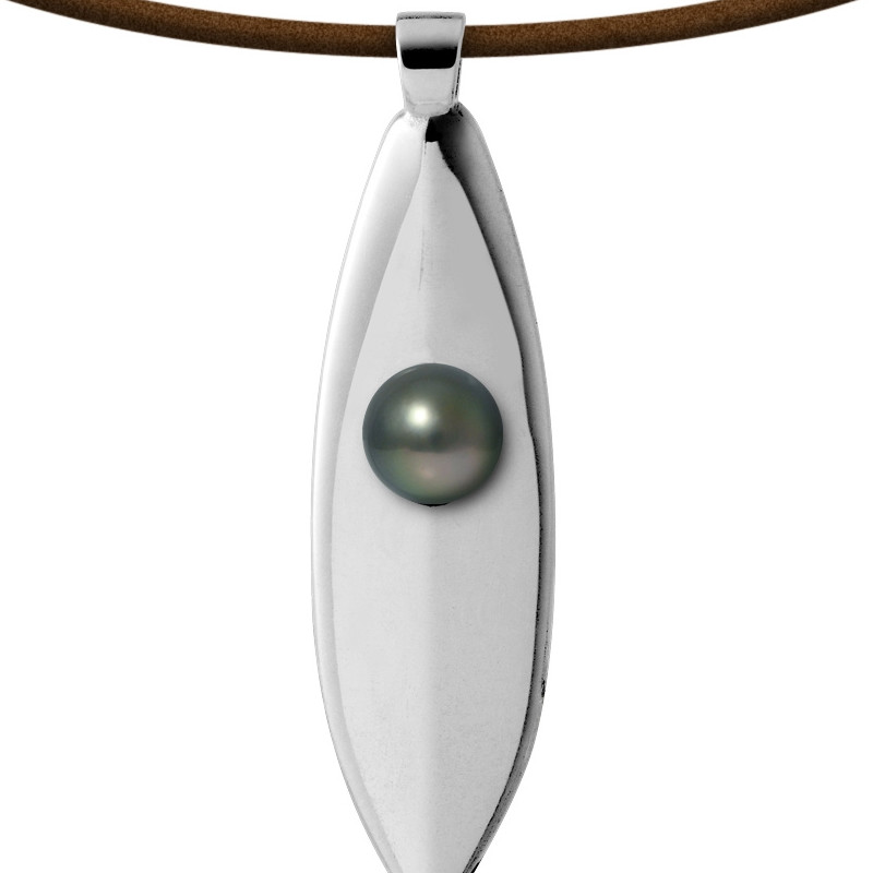 Collier Homme Planche de Surf en Cuir, Perle de Tahiti et Argent Massif 925
